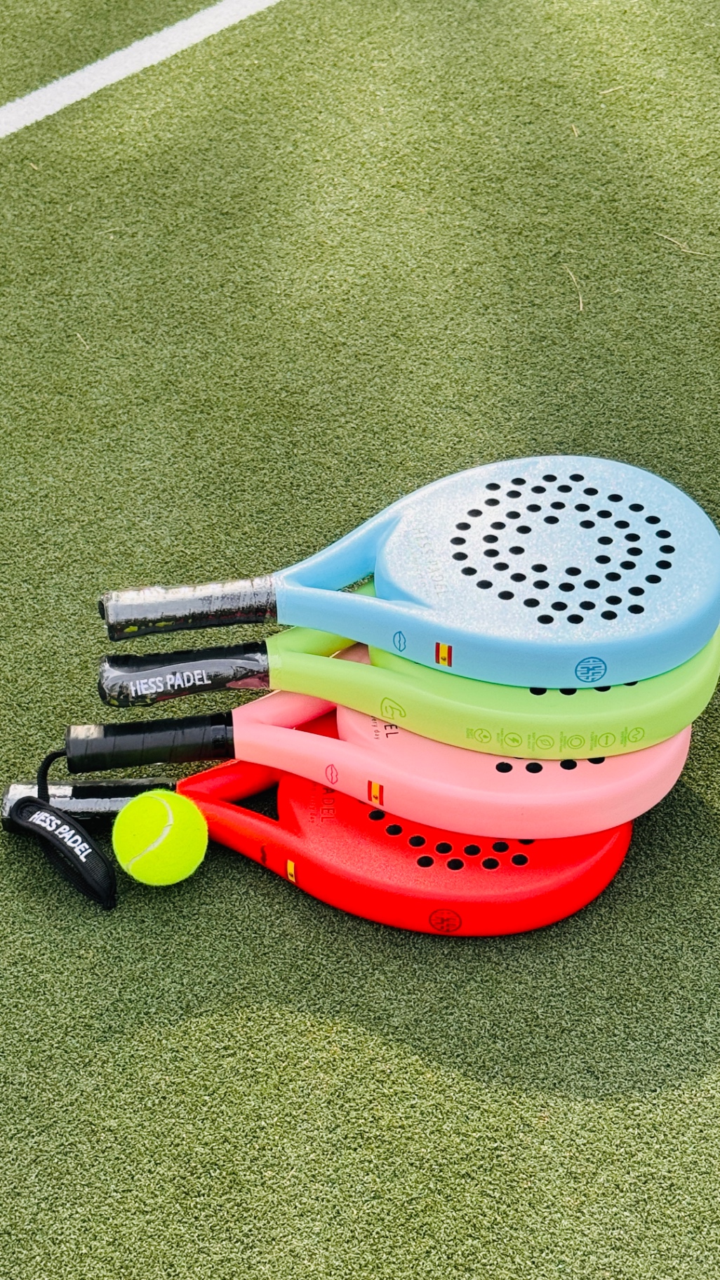 Four HESS PADEL rackets — blue, green, pink, and red — stacked on the artificial turf of a padel court next to a tennis ball.