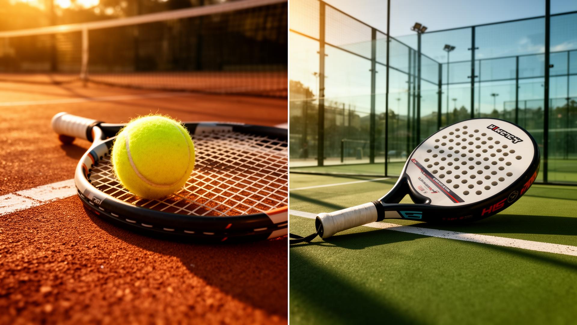 Split-screen photo comparing a tennis racket and ball on a clay tennis court with a padel racket on a glass-walled padel court.